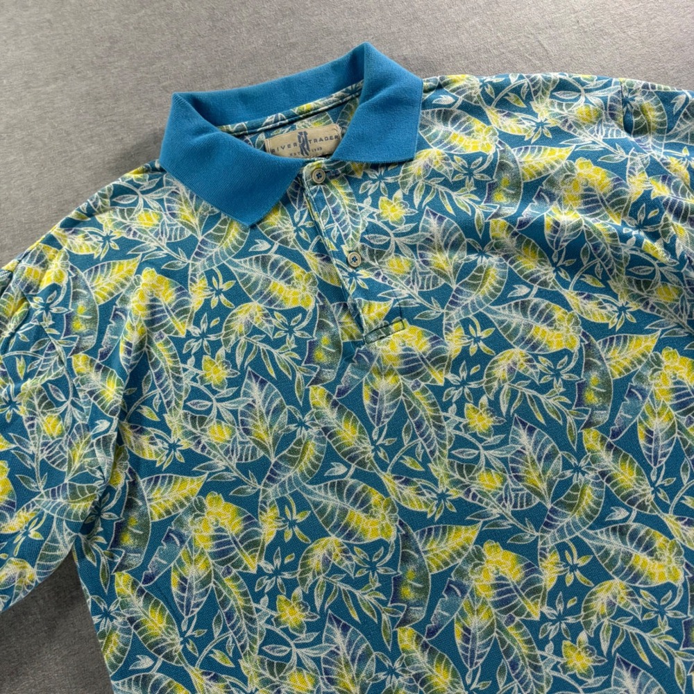 River Trader Mens Large Blue Yellow Tropical Floral Leaf Print Cotton Polo Shirt